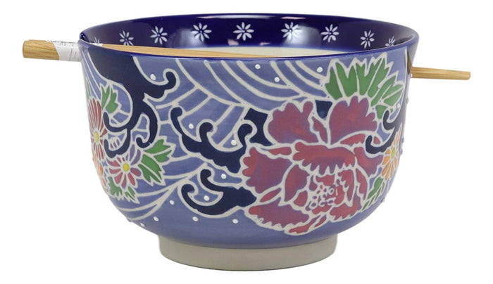 Ebros Blue Colorful Floral Breeze Ramen Udon Noodles Large 6.25" Diameter Soup Bowl With Built In Rest And Bamboo Chopsticks Set For Rice Pasta Salad