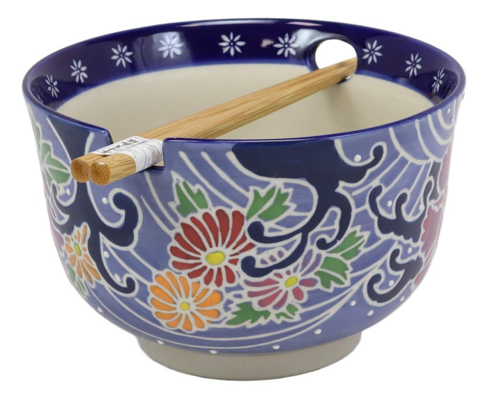 Ebros Blue Colorful Floral Breeze Ramen Udon Noodles Large 6.25" Diameter Soup Bowl With Built In Rest And Bamboo Chopsticks Set For Rice Pasta Salad