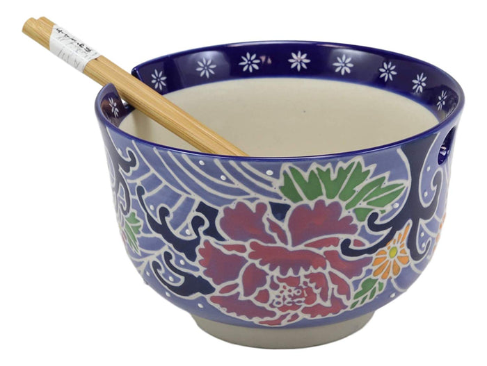 Ebros Blue Colorful Floral Breeze Ramen Udon Noodles Large 6.25" Diameter Soup Bowl With Built In Rest And Bamboo Chopsticks Set For Rice Pasta Salad