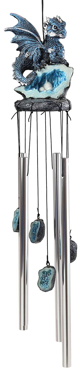 Ebros Blue Dragon Guarding Crystal Crown Top Resonant Wind Chime With Ornaments