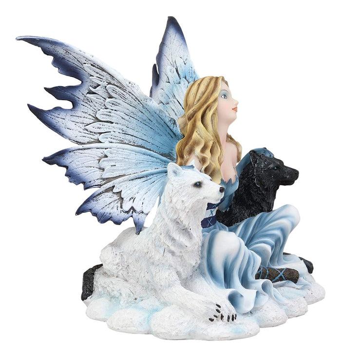 Ebros Blue Frozen Fairy Embracing Black And White Direwolves Statue 9" Long Fantasy FAE Pixie With Wolves In Snow Woodlands Tundra Scenery Figurine Decor Of Wolf Timberwolf Fantasy Magic Nymph