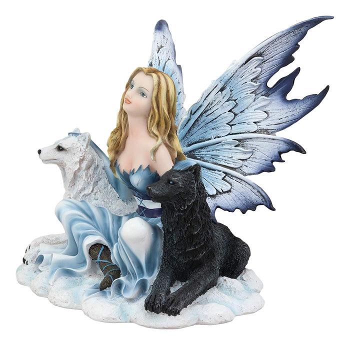 Ebros Blue Frozen Fairy Embracing Black And White Direwolves Statue 9" Long Fantasy FAE Pixie With Wolves In Snow Woodlands Tundra Scenery Figurine Decor Of Wolf Timberwolf Fantasy Magic Nymph