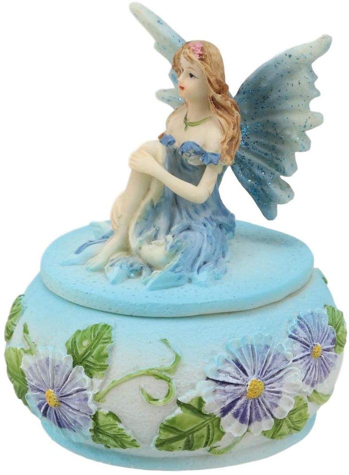Ebros Blue Lily Flora Fairy Garden Fae Small Round Trinket Jewelry Box Figurine 3.25"H