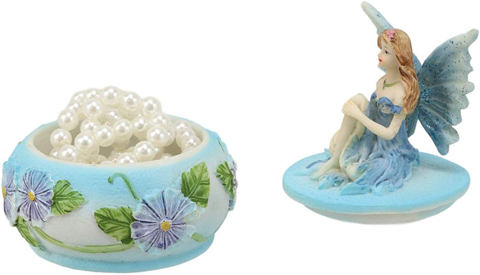 Ebros Blue Lily Flora Fairy Garden Fae Small Round Trinket Jewelry Box Figurine 3.25"H