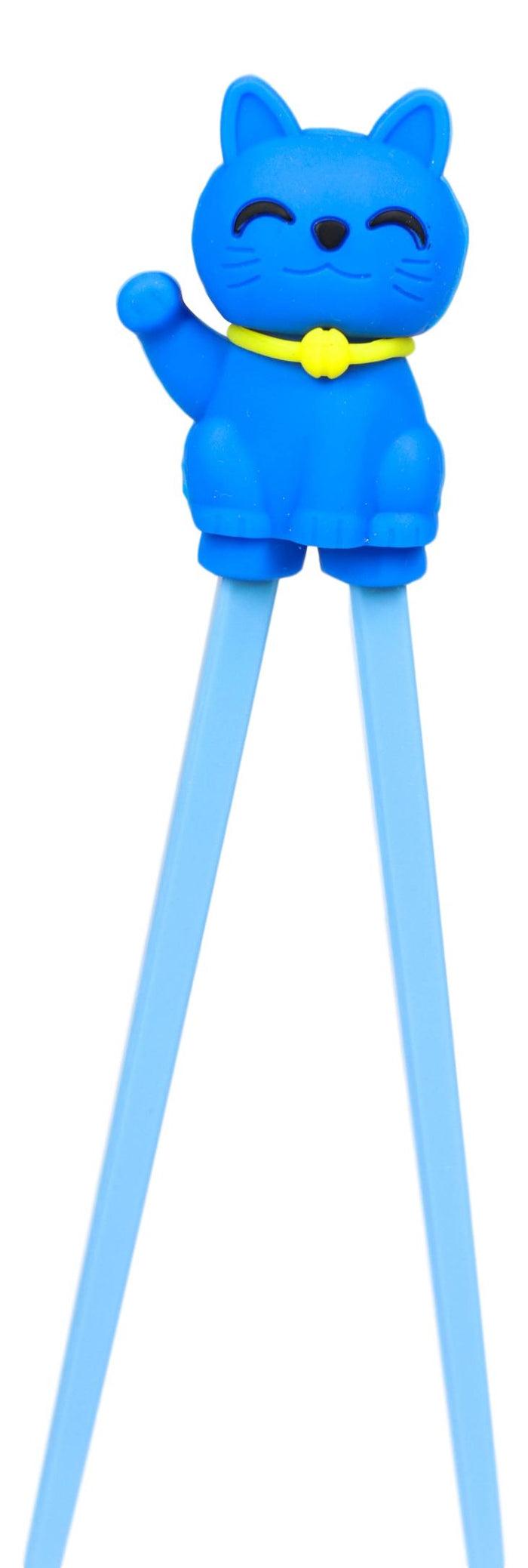 Ebros Blue Maneki Neko Cat Reusable Training Chopsticks Set With Silicone Helper