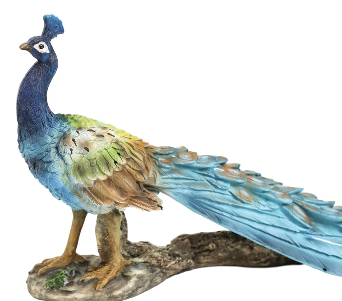 Ebros Blue Peacock With Beautiful Train Feathers Decorative Statue 14" Long