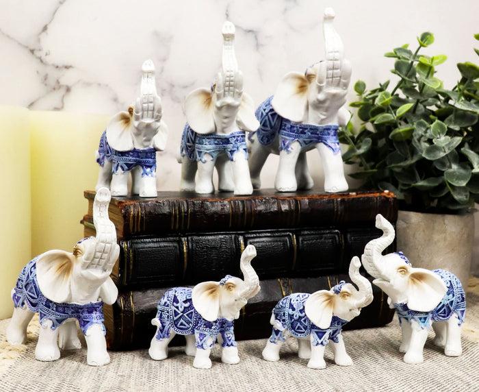 Ebros Blue White Feng Shui Miniature Thai Buddhism Elephants With Trunks Up Set Of 7