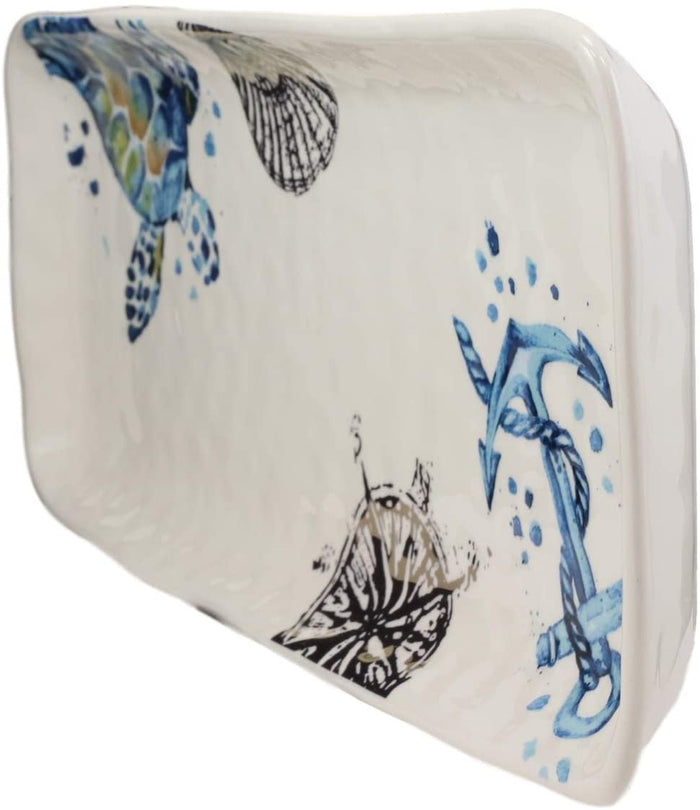 Ebros Blue & White Sea Turtle Ceramic Dinnerware (Rectangular Plate 13.75"L 1)