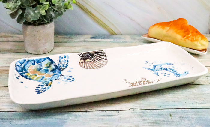 Ebros Blue & White Sea Turtle Ceramic Dinnerware (Rectangular Plate 13.75"L 1)