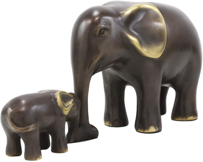 Ebros Brass Metal Safari Elephant Mother And Calf Bonding Scene Statue 9.25"L