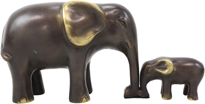 Ebros Brass Metal Safari Elephant Mother And Calf Bonding Scene Statue 9.25"L