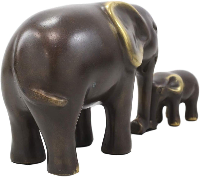 Ebros Brass Metal Safari Elephant Mother And Calf Bonding Scene Statue 9.25"L