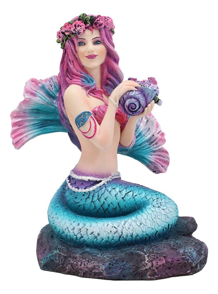 Ebros Brigid Ashwood Mermaid Ocean Spring Flowers Holding Conch Statue 6.25" H