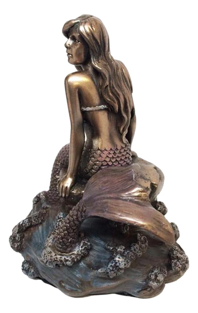 Ebros Bronze Mermaid Sitting On Rock On Sea Surface Wave Pool Figurine 4.25"H