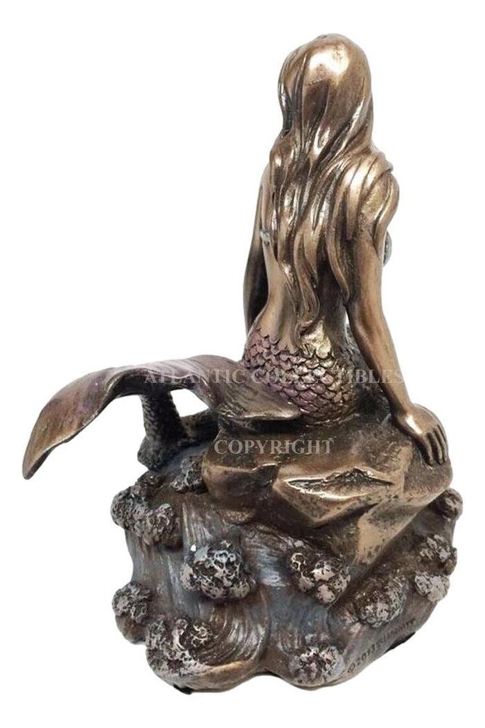 Ebros Bronze Mermaid Sitting On Rock On Sea Surface Wave Pool Figurine 4.25"H