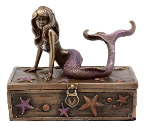 Ebros Bronzed Resin Mermaid Ariel Resting Jewelry Trinket Decorative Box 5" L