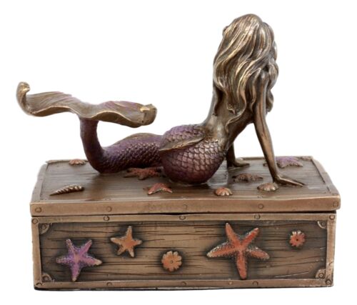 Ebros Bronzed Resin Mermaid Ariel Resting Jewelry Trinket Decorative Box 5" L