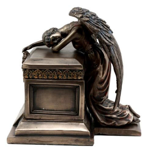 Ebros Bronzed Weeping Angel Holding Wreath Jewelry Box Small Urn Figurine 6"Long