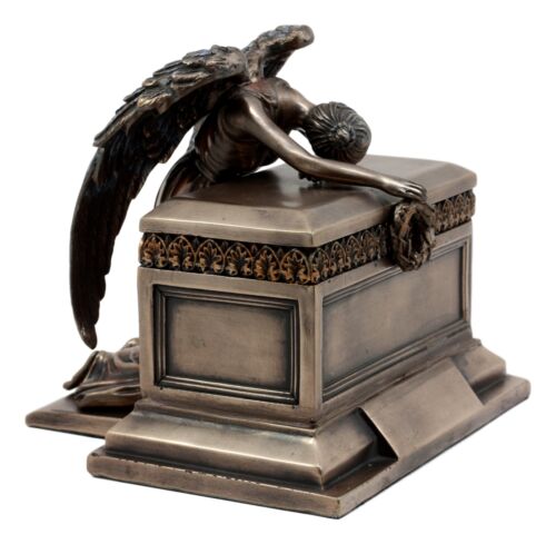 Ebros Bronzed Weeping Angel Holding Wreath Jewelry Box Small Urn Figurine 6"Long