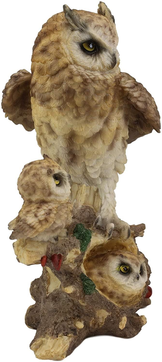 Ebros Brown Owl Perching On Tree Branch With Baby Owlets Statue 12"Tall