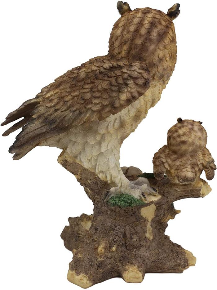 Ebros Brown Owl Perching On Tree Branch With Baby Owlets Statue 12"Tall