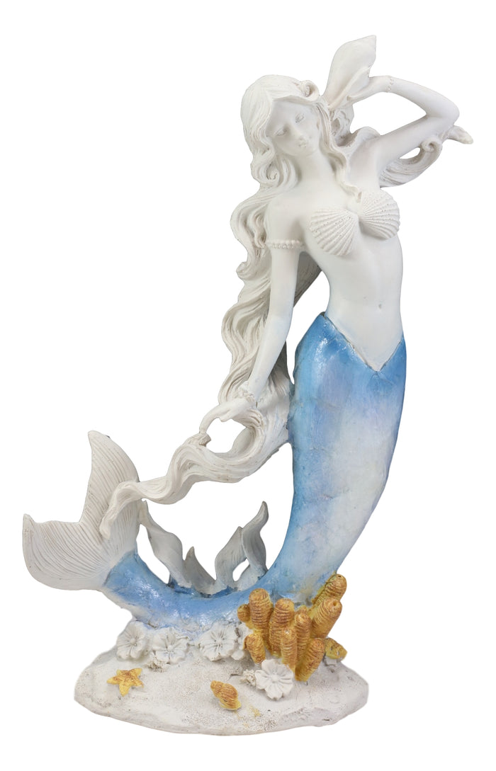 Ebros Capiz Blue Ombre Tail Mermaid With Conch Shell By Sea Coral Reef Statue