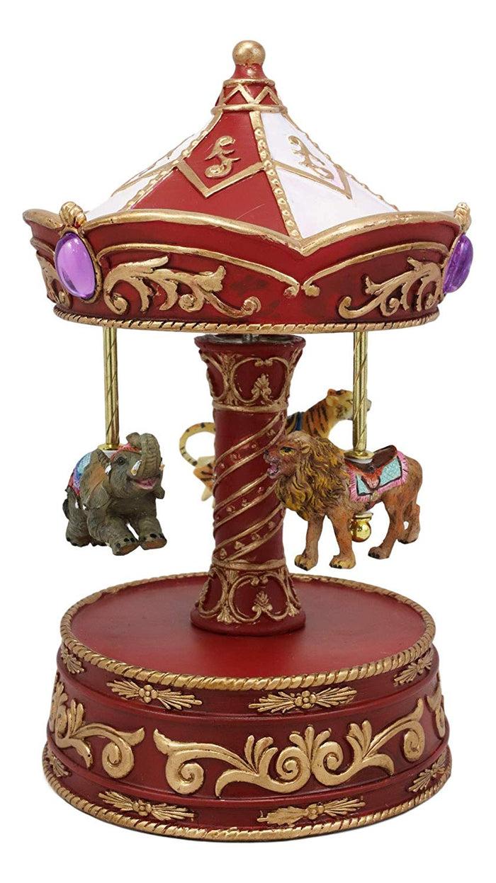 Ebros Carnival Merry Go Round Circus Elephant Tiger And Lion Red Musical Carousel Statue Playing Toyland Tune 8.5" Tall Clockwork Mechanism Roundabout Fantasy Theme Park Ride Mini Decor Sculpture