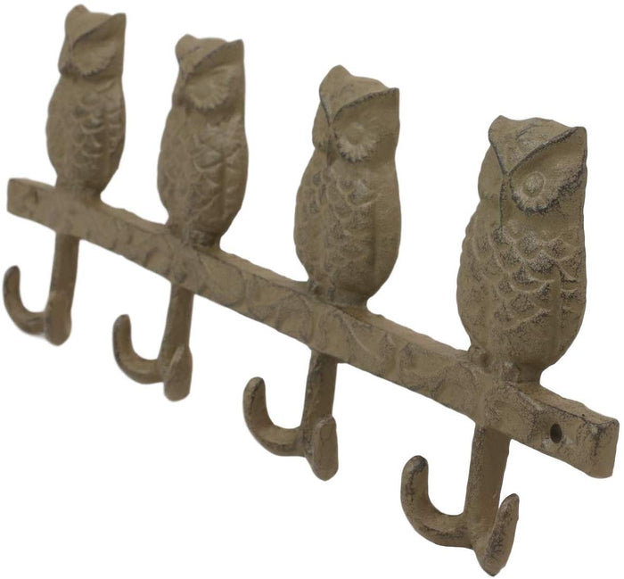 Ebros Cast Iron Rustic Anchors Of Wisdom Great Horned Owls Family 8 Pegs Wall Hooks 11.5" Wide Hanger Nocturnal Bird Owl Themed Wall Mount Leash Coat Hat Keys Hook Decor Hanging Sculpture Plaque