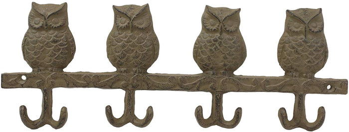 Ebros Cast Iron Rustic Anchors Of Wisdom Great Horned Owls Family 8 Pegs Wall Hooks 11.5" Wide Hanger Nocturnal Bird Owl Themed Wall Mount Leash Coat Hat Keys Hook Decor Hanging Sculpture Plaque