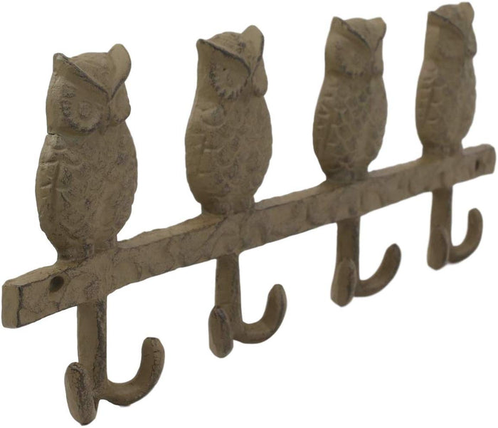 Ebros Cast Iron Rustic Anchors Of Wisdom Great Horned Owls Family 8 Pegs Wall Hooks 11.5" Wide Hanger Nocturnal Bird Owl Themed Wall Mount Leash Coat Hat Keys Hook Decor Hanging Sculpture Plaque