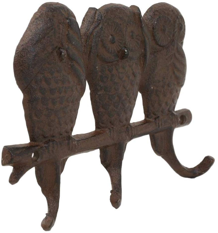 Ebros Cast Iron Rustic See Hear Speak No Evil Owls Family 3 Pegs Wall Hooks 7" W