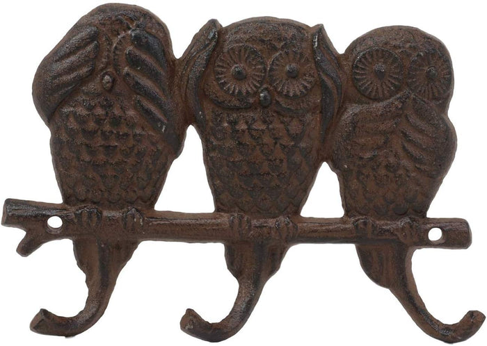 Ebros Cast Iron Rustic See Hear Speak No Evil Owls Family 3 Pegs Wall Hooks 7" W