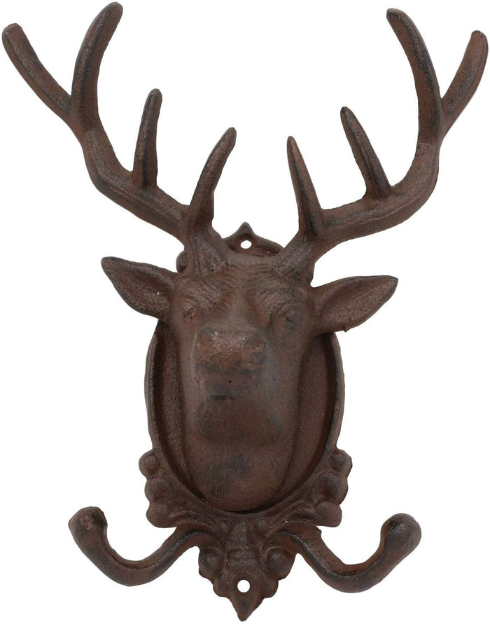 Ebros Cast Iron Rustic Stag Deer Antlers Wall Double Hooks Decor Plaque 10.5" H
