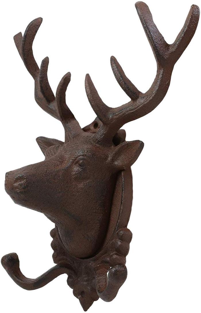 Ebros Cast Iron Rustic Stag Deer Antlers Wall Double Hooks Decor Plaque 10.5" H