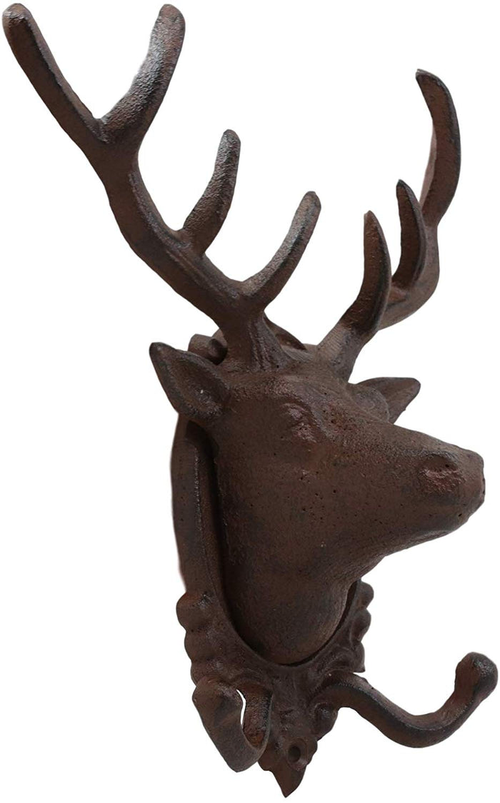 Ebros Cast Iron Rustic Stag Deer Antlers Wall Double Hooks Decor Plaque 10.5" H