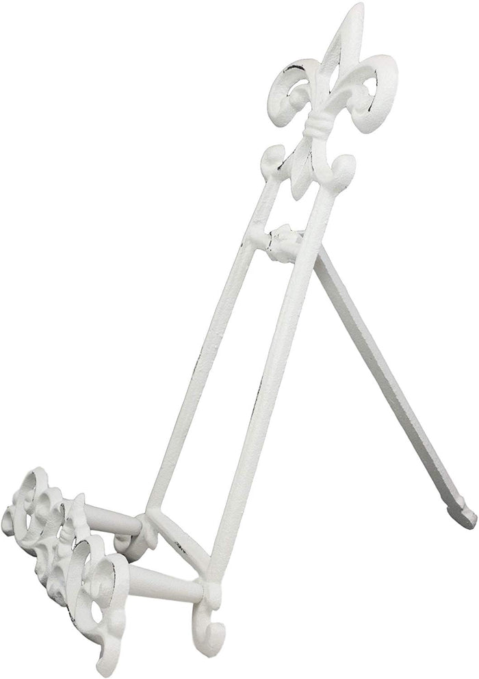 Ebros Cast Iron Rustic White Fleur De Lis Crown Scroll Art Base Easel Photo Book Stand