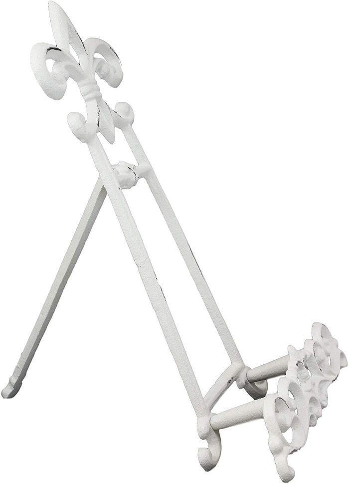 Ebros Cast Iron Rustic White Fleur De Lis Crown Scroll Art Base Easel Photo Book Stand