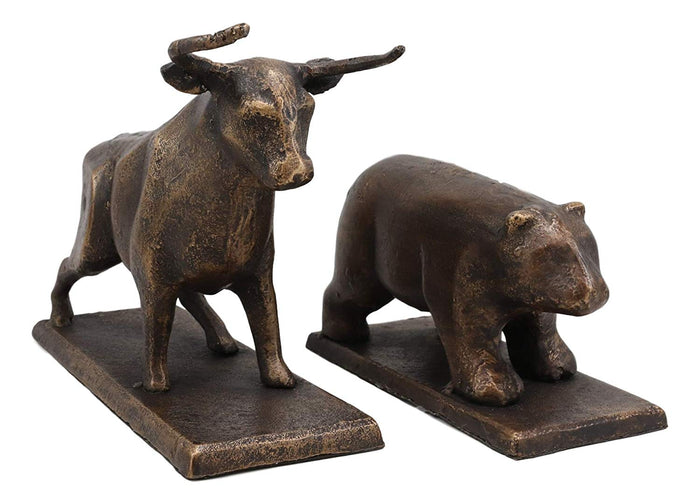 Ebros Cast Iron Wall Street Stock Market Charging Bull And Retreating Bear Bookends Statue Set Investors Money Managers Commodity Exchange Professionals Bulls VS Bears Animal Decor Figurine