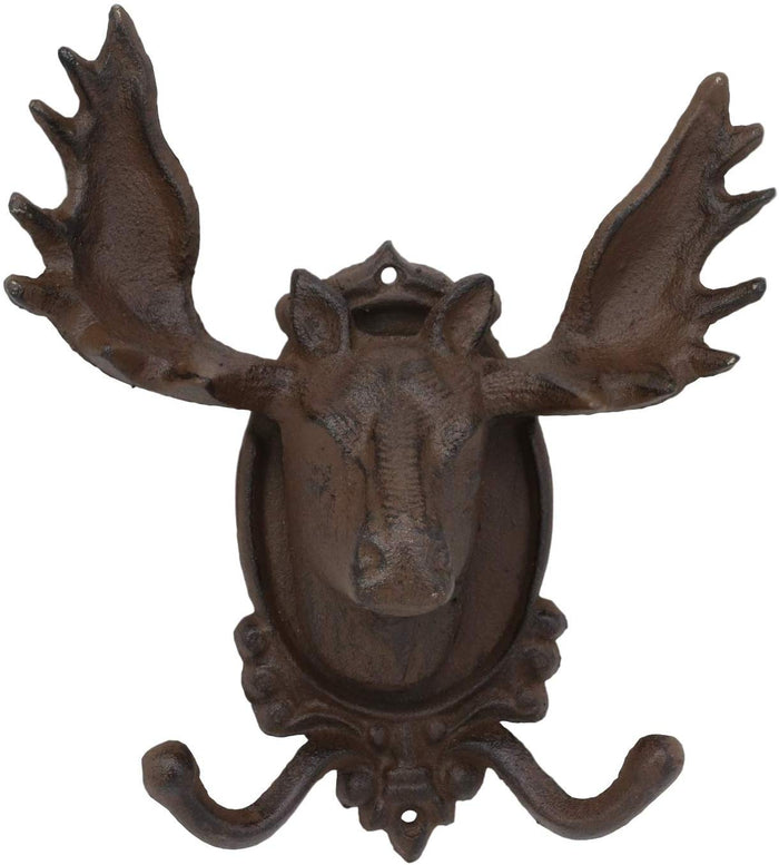 Ebros Cast Iron Western Rustic Bull Moose Head Wall Double Hooks Plaque 9.25"H