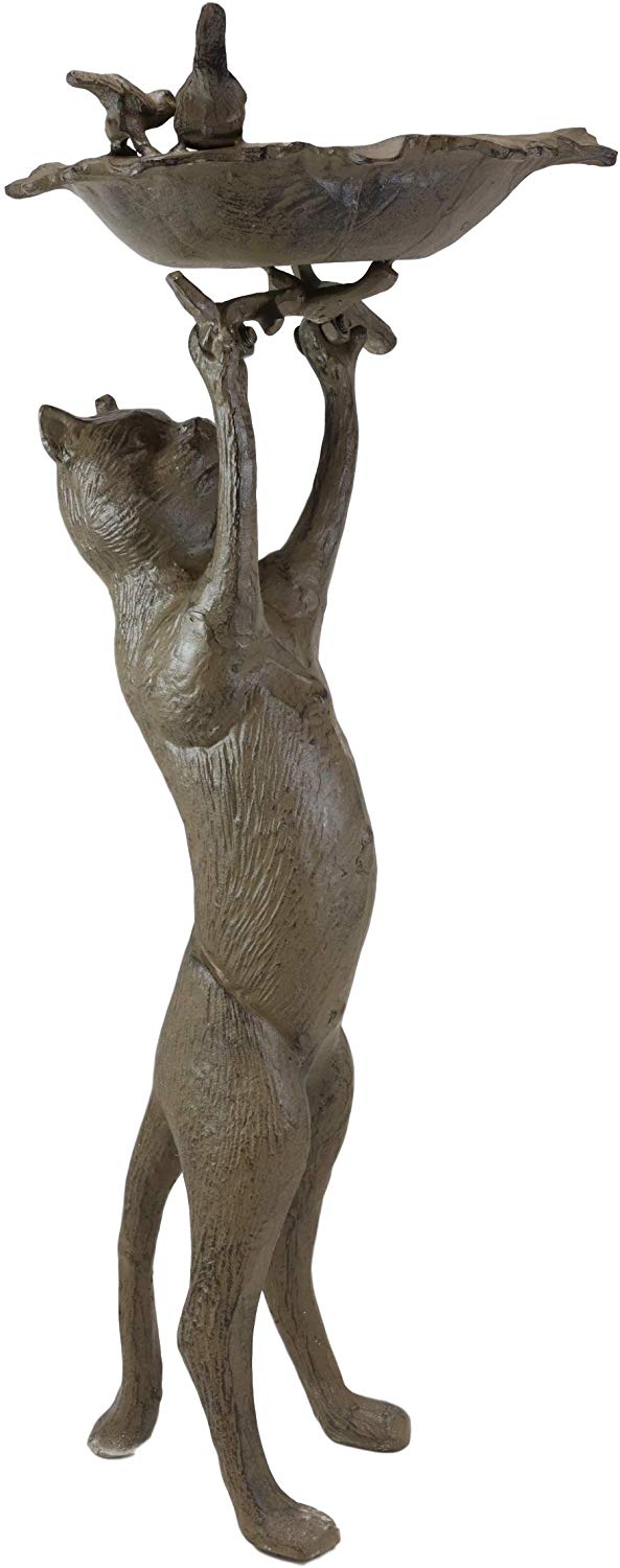 Ebros Cast Iron Whimsical Curious Cat Hanging On Branch With 2 Birds In Nest Bird Feeder Or Bath Statue 24.75" Tall For Garden Patio Lawn Outdoors Decorative Accent Sculpture