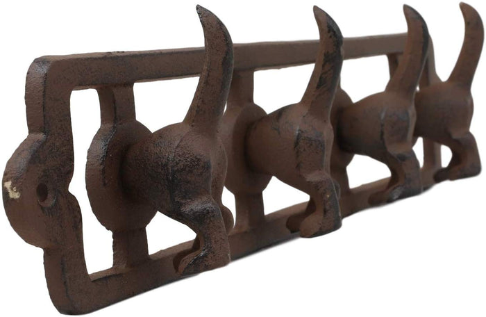 Ebros Cast Iron Whimsical Rustic Wagging Puppy Dog Tails 4 Pegs Quad Wall Hooks 13.75" Wide Hanger Dogs Themed Wall Mount Leash Coat Hat Keys Hook Decor Hanging Sculpture Plaque