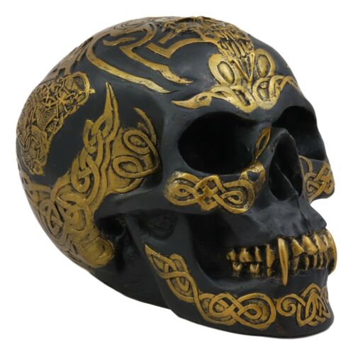 Ebros Celtic Tribal Knotwork Tattoo Black Ghost Vampire Skull Statue 7"Long As Macabre Ossuary Decor Dracula Skeleton Cranium For Halloween