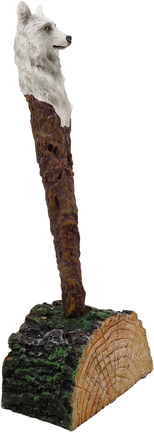 Ebros Celtic White Direwolf Hand Painted Pen With Rustic Tree Bark Holder Stand