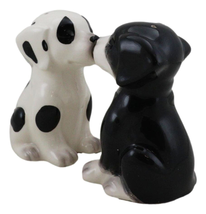 Ebros Ceramic Black & White Mutt Puppy Dogs Kissing Salt And Pepper Shakers Set