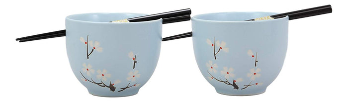 Ebros Ceramic Japanese Sakura Ramen Udong Noodles Bowls And Chopsticks Set Of 2