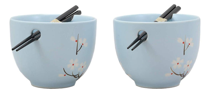 Ebros Ceramic Japanese Sakura Ramen Udong Noodles Bowls And Chopsticks Set Of 2