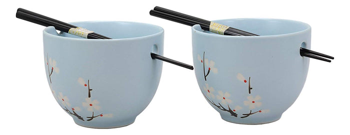 Ebros Ceramic Japanese Sakura Ramen Udong Noodles Bowls And Chopsticks Set Of 2