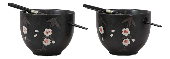 Ebros Ceramic Japanese White Anemone Flowers Black Ramen Udong Noodles Bowl And Chopsticks Set Of 2 For Asian Dining Soup Rice Pasta Salad Collection Of Bowls Decor Home Kitchen