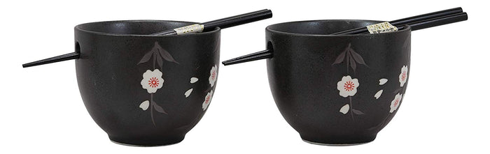 Ebros Ceramic Japanese White Anemone Flowers Black Ramen Udong Noodles Bowl And Chopsticks Set Of 2 For Asian Dining Soup Rice Pasta Salad Collection Of Bowls Decor Home Kitchen
