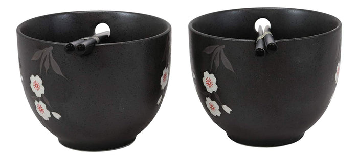 Ebros Ceramic Japanese White Anemone Flowers Black Ramen Udong Noodles Bowl And Chopsticks Set Of 2 For Asian Dining Soup Rice Pasta Salad Collection Of Bowls Decor Home Kitchen